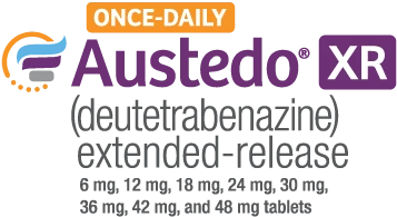 Once-daily AUSTEDO® XR (deutetrabenazine) extended-release tablets 6 mg, 12 mg, 18 mg, 24 mg, 30 mg, 36 mg, 42 mg, and 48 mg tablets Logo.