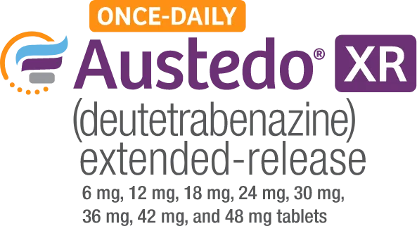 Once-daily AUSTEDO® XR (deutetrabenazine) extended-release tablets 6 mg, 12 mg, 24 mg, 30 mg, 36 mg, 42 mg, and 48 mg tablets Logo.