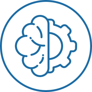 Blue circle with blue half brain connected to blue half gear with cogs