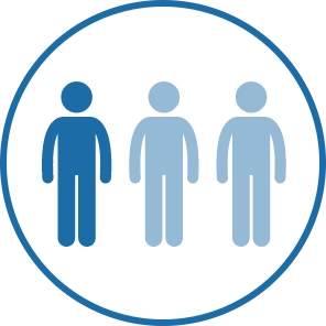 Icon with one dark blue figure and two light blue figures in a blue circle with a white background