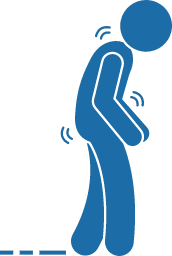 Illustration in of a figure walking along a dotted line with lines representing shaking in his neck, arms, and hips